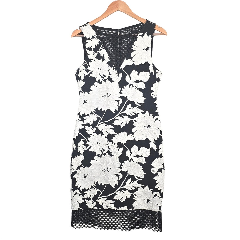Cache Floral Brocade Sheath Dress Womens 8 Black White Mesh Inset Sleeveless